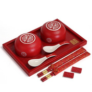 红碗结婚一对a双喜碗筷套装宫廷龙凤改口碗家用创意新人陶瓷礼物