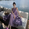 潮流高货百褶飘逸长裙去海边穿的紫色，裙子三亚显瘦沙滩裙女度假吊