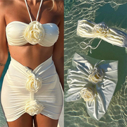 2023欧美三件套比基尼3D立体花朵跨境分体泳衣沙滩纯色泳装女