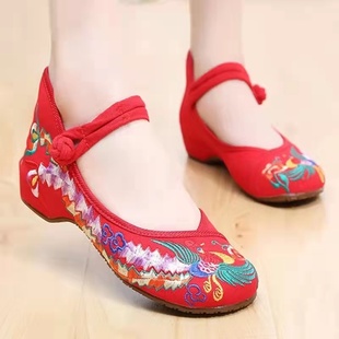 老北京女布鞋民族风绣花鞋，坡跟鞋红色婚鞋广场舞蹈鞋汉服单鞋