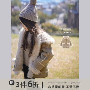 史豌豆(史豌豆)女童一体皮毛，连帽加厚外套，2023冬装亲子装儿童洋气上衣