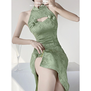 CHANGSHENG 芥末玫瑰 绿色中式国风削肩复古改良旗袍连衣裙开叉裙