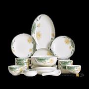 裕行中国风陶瓷餐具套装，盘子碗筷鱼盘套装礼盒包装32头莲年有鱼