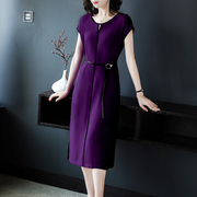 低调奢华连衣裙洋气减龄女夏季40岁2023圆领醋酸缎面紫色裙子