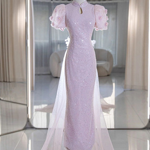 紫色鱼尾晚礼服2023宴会，高端轻奢小众，长款主持人礼服裙女冬季