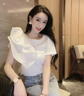 韩系少女感 立体斜裁荷叶边短袖白色飞飞袖上衣T恤夏欧洲洋气小衫
