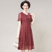 高贵台湾纱妈妈连衣裙短袖中老年，女装夏季大码遮肚洋气减龄红裙子