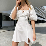 夏季日系白色连衣裙清新甜美方，领褶皱显瘦高腰纯色泡泡袖a字裙女