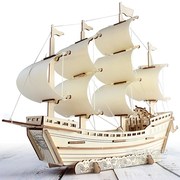 木质立体拼图3d模型拼装木头船，古风积木制木板手工儿童益智力玩具