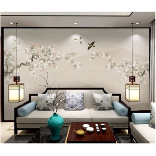 新中式电视背景墙壁纸海棠工笔花鸟图墙纸立体无缝卧室墙布3d壁画