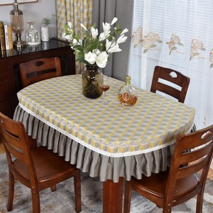 简约时尚潮流桌布弧形餐桌，套冷餐桌布，黄色几何台布家用椭圆形定制