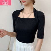 夏季韩版黑色T恤女纯白方领包肩修身五分袖纯色百搭打底上衣