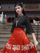 马面裙搭配的上衣夏季2024禅意女装复古新中式，改良立领刺绣黑衬衫