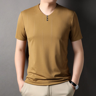夏季男式t恤短袖中青年时尚V领体恤男装休闲纯色半袖衫
