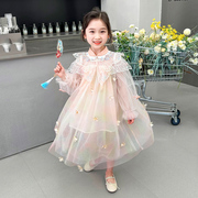 女童春装蝴蝶刺绣领连衣裙，2024儿童中国风，春款甜美网纱公主裙