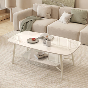 奶油风岩板茶几客厅，家用法式小户型白色长方形双层现代简约茶几桌