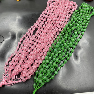 手工编织8毫米祖母绿猫眼石，圆珠项链绳，绿色玉链子粉色毛衣链绳