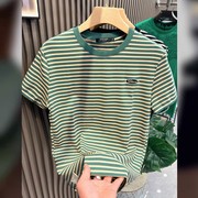 绿色横条纹短袖t恤男夏季舒适透气潮流百搭休闲大码宽松上衣
