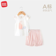 婴儿套装女宝宝棉，小飞袖短裤套装，可爱透气衣服t恤夏装