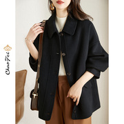 黑色双面零羊绒大衣韩版品牌女装2022秋冬季短款气质毛呢外套