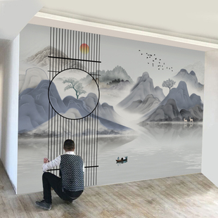 现代新中式壁画江南山水墙纸背景墙布麋鹿抽象客厅卧室书房3d壁纸