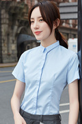 女短袖夏季职业工作服正装面试夏天V领工装上班蓝衬衣白衬衫