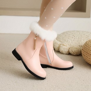 兔毛侧拉链短靴保暖雪地女靴，低跟短筒靴，冬季棉鞋平跟中靴
