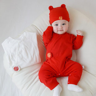 新生儿春秋纯棉哈衣婴儿，满月周岁百天大红色连体衣宝宝长袖爬服白