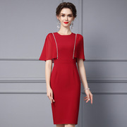 轻奢气质红色连衣裙2023夏正式(夏正式)场合，钉钻斗篷纱袖遮肉包臀裙子