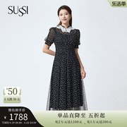 sussi古色23夏商场(夏商场，)同款黑色网纱花边，领刺绣灯笼袖连衣裙