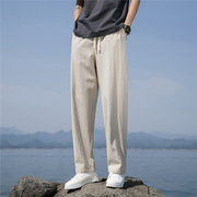 中国风亚麻裤子男宽松休闲裤夏季薄款长裤直筒，复古棉麻垂感阔腿裤