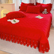高端冬季保暖婴儿绒床盖三件套结婚庆红色宝宝绒加厚床单罩防静电