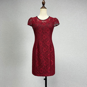 品牌折扣红色蕾丝短袖连衣裙女弹力修身性感镂空礼服包臀裙中裙子