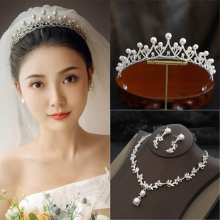 头纱新娘主婚纱耳环项链，三件套结婚王冠重工高级婚礼珍珠头冠