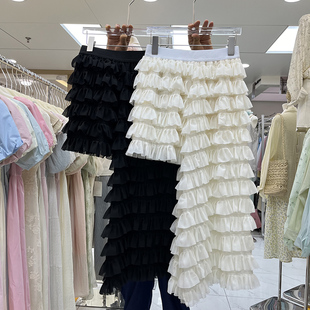 韩国小众不规则雪纺半身裙，设计感前短后长中长款蛋糕裙度假风裙子