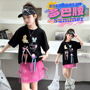 女童立体蝴蝶结印花T恤夏季2025新款中大童纯棉宽松短袖洋气上衣
