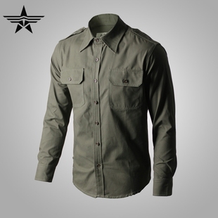 二战复刻军迷兄弟连同款，卡其色男式修身全棉，衬衫衣美军绿加厚长袖