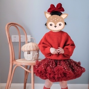 儿童蓬蓬裙酒红色半身兔兔裙网纱，短裙蛋糕裙圣诞芭蕾过年服秋冬装
