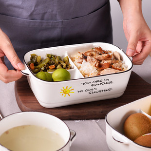 长方卡通陶瓷饭盒三格多格陶，瓷碗带盖便当盒三件套微波炉加热餐盒
