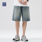 hansca2024休闲牛仔短裤，男青少年夏季宽松直筒潮牌复古水洗五分裤