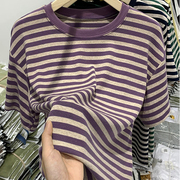 紫色条纹T恤女设计感盐系显瘦宽松打底衫2022夏季短袖上衣ins
