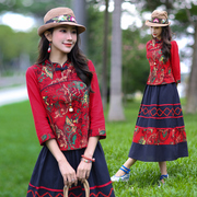 民族风棉麻印花两件套2023春夏，中国风复古女装，立领修身裙套装