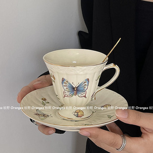 法式复古下午茶杯碟咖啡杯昆虫，蜻蜓蝴蝶小碎花陶瓷杯套装vintage