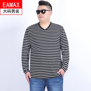 EAMAX大码男装 春款宽松薄条纹v领加肥加大码男士长袖T恤男装T023