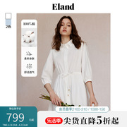 Eland衣恋纯棉连衣裙女衬衫领蕾丝花边A字九分长裙2024春季