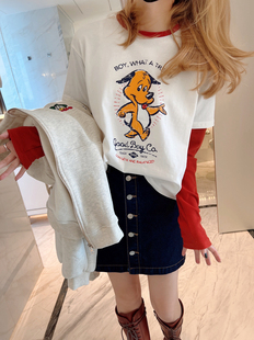 智研 现韩国时尚卡通可爱小狗狗印花图砖红色袖假两件白T恤