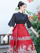 复古国风红色马面裙，搭配的立领提花上衣女装，春夏对襟短袖衬衫