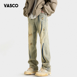 vasco美式破洞黄泥牛仔裤，男款夏季小众，设计直筒微喇阔腿裤子潮牌