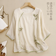 中国风复古刺绣棉麻衬衫女夏季宽松气质国风盘扣小衫显瘦苎麻上衣