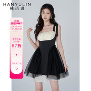 韩语琳黑色吊带连衣裙女夏季高腰方领短裙子2024年在逃公主裙